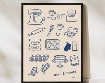 以下が含まれることがあります： 製菓道具と材料の青い線画イラストが描かれたフレームプリント。スタンドミキサー、計量カップ、小麦粉、めん棒、泡立て器、卵、ケーキが含まれています。「BAKE & CREATE」の文字が下部にあります。