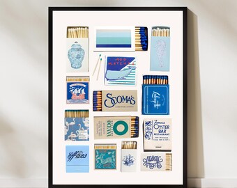 Vintage Matchbox Art Print Blue Coastal Wall Decor Nautical Retro Matches Poster Restaurant Matchbooks Illustration Kitchen Bar Artwork