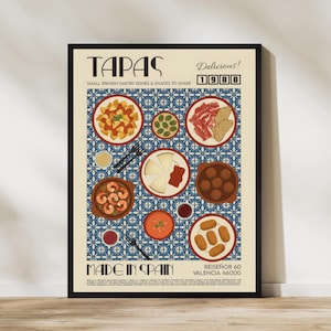 May include: A framed poster with a vintage design, displaying the word "TAPAS" and the year "1988". The poster illustrates various Spanish tapas dishes on plates, with the text "MADE IN SPAIN" at the bottom. The poster is in a black frame.