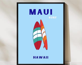 May include: A framed poster with a light blue background featuring two surfboards. One surfboard is red with white and teal stripes, and the other is orange with white stripes. The words "MAUI SURF" and "HAWAII" are printed in blue.