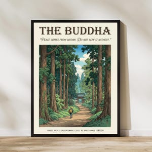 May include: A framed art print depicting a tranquil forest path leading to a Japanese gate. The artwork, titled "Forest Path to Enlightenment," includes the text "THE BUDDHA" and a quote. The print is in a black frame.