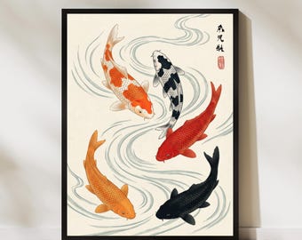 Koi Fish Japanese Art Poster Koi Carp Wall Art Traditional Asian Print Zen Water Decor Japanese Illustration