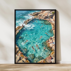 Ocean Rock Pool Swimming Print Coastal Wall Art Tidal Pool Swimmers Poster Impressionist Summer Beach Decor Turquoise Sea Bathroom Art
