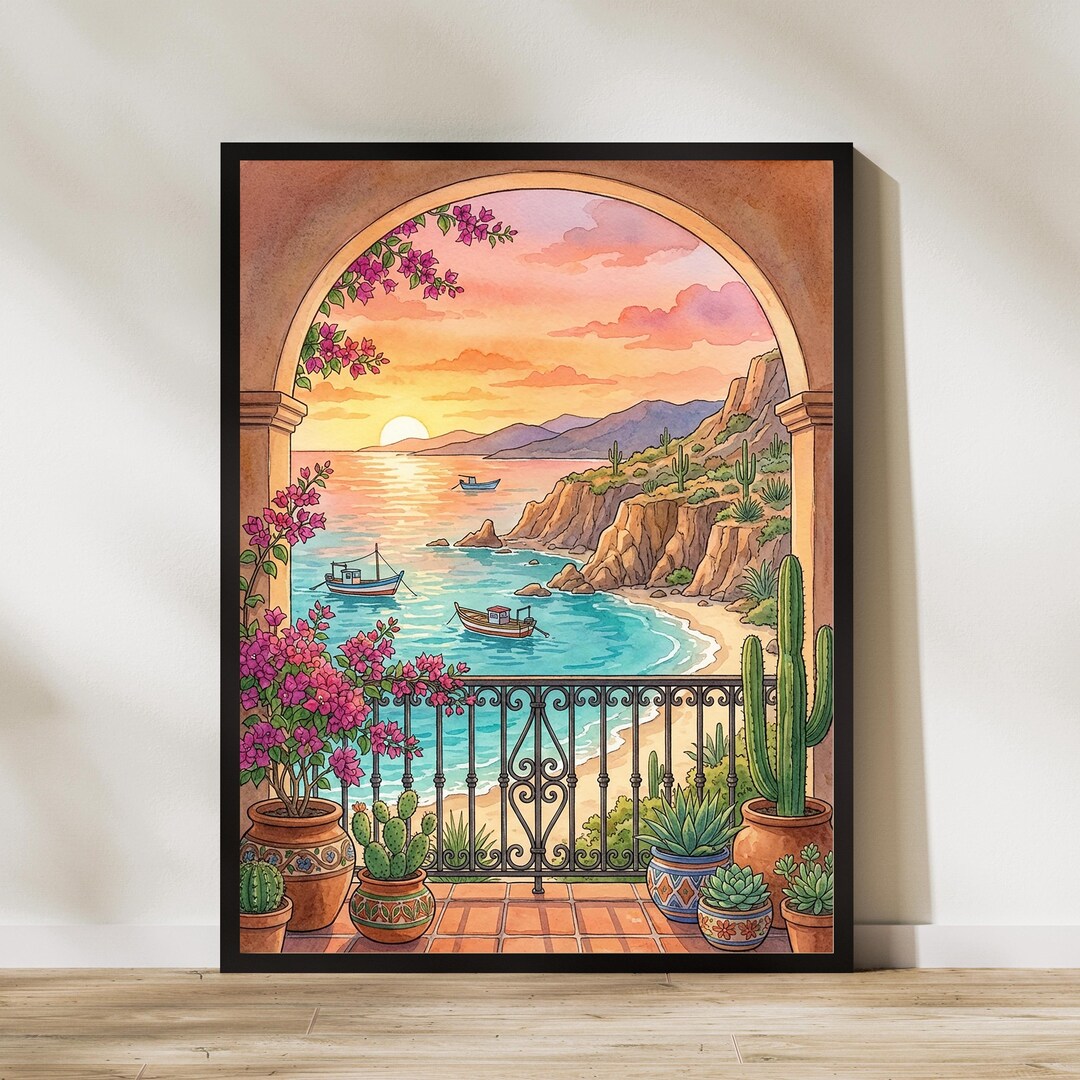 Mediterranean Coastal Sunset Art Print, Cactus Balcony Ocean View ...