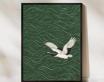 Japanese Crane Art Print Flying Crane Poster Traditional Japan Wall Art Wave Pattern Decor Minimalist Asian Artwork Elegant Bird Print