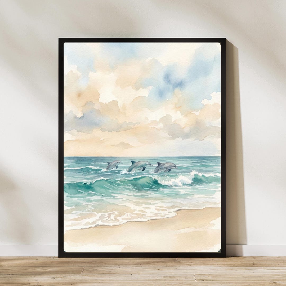 Dolphin Ocean Watercolour Print Coastal Wall Art Jumping Dolphins ...