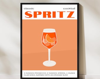 Classic Spritz Cocktail Art Aperol Drink Print Recipe Poster Modern Bar Decor Orange Spritz Illustration Summer Kitchen Wall Artwork