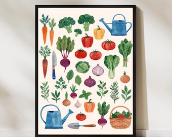 Garden Vegetables Watercolor Poster Kitchen Wall Art Farm Fresh Produce Print Botanical Cooking Decor Cottage Style Illustration