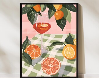 Citrus picknick kunst print zomer aperol drankje poster sinaasappel citroen keuken muur decor vers fruit illustratie Italiaans geïnspireerde kunstwerken