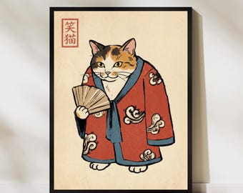 Ukiyoe Calico Cat Art Print Japanese Kimono Cat Poster Cute Kawaii Animal Illustration Traditional Japan Wall Decor Folklore Style