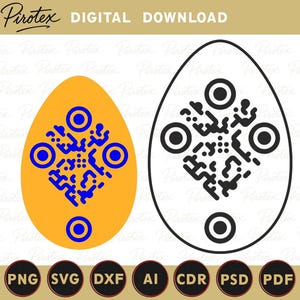 May include: Digital download graphic featuring two egg-shaped designs with QR codes. One egg is yellow with a blue QR code, the other is a black outline with a black QR code. Text at the top reads "Parotex DIGITAL DOWNLOAD".