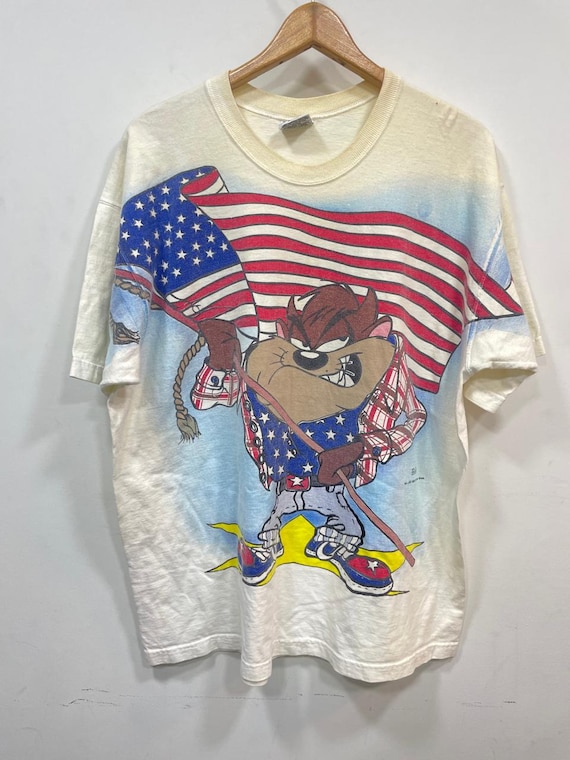 Vintage Looney Tunes Taz USA Flag T-shirt | 90s Cartoon Tee | Made