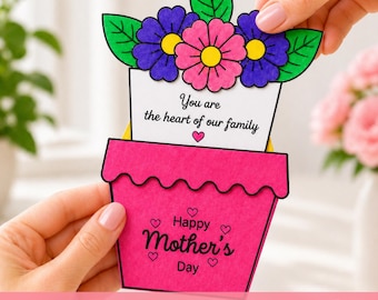 Mors dag-pyssel med blomkruka, utskrivbart kort för barn, klipp- och klistraaktivitet, present till klassrummet utan förberedelser, vikbart kort