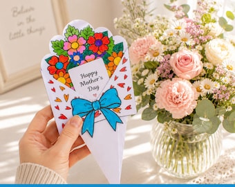 Manualidad de tarjeta con ramo de flores para el Día de la Madre con nota, tarjeta con sobre de flores, actividad de escritura para recortar y pegar a color / Regalo DIY para mamá, manualidad para el aula