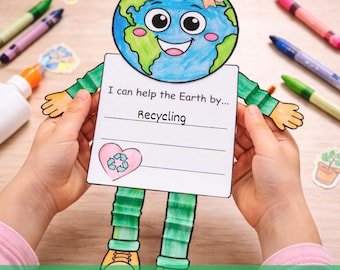 Manualidad imprimible del Día de la Tierra: Hombre, Niño y Niña, Actividad de escritura “Puedo ayudar a la Tierra”, Recortar y pegar, Proyecto para el aula
