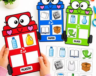 Actividad de clasificación de reciclaje para niños, hoja de trabajo para recortar y pegar para el Día de la Tierra, 5 contenedores de reciclaje imprimibles, a color y en blanco y negro.