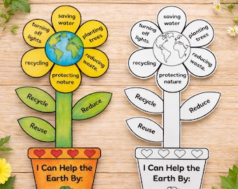 Lavoretto floreale per la Giornata della Terra, Attività di riduzione, riutilizzo e riciclo, Lavoretto di ritaglio e incolla, Attività di scrittura per la Giornata della Terra / Materiale stampabile primaverile per bambini