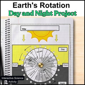 Peut inclure: Une page de cahier à spirales présentant un projet sur la rotation de la Terre, le jour et la nuit. La feuille comprend un graphique de soleil jaune, une carte circulaire du monde divisée en sections jour et nuit, et des étiquettes.