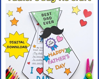 Manualidad de corbata para el Día del Padre / Regalo imprimible para papá / Actividad de escritura para el Día del Padre / Tarjeta "El mejor papá del mundo" / Manualidad DIY para niños en PDF