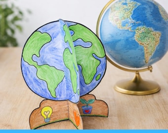 Manualidad 3D imprimible para el Día de la Tierra para niños, actividad fácil de primavera, plantilla para colorear, recortar y pegar, manualidad para el aula, recurso para la educación en casa.