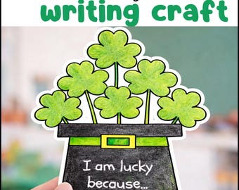 Manualidad de escritura imprimible para el Día de San Patricio / Actividad "Tengo suerte porque tengo un trébol y un sombrero de duende"