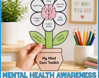 Manualidad para niños sobre el Mes de la Concientización sobre la Salud Mental: Flor del Kit de Cuidado Mental, Habilidades de Afrontamiento y Desarrollo Socioemocional (SEL), Actividad Imprimible sin Preparación