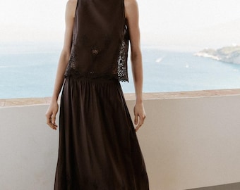 Broderad topp och kjolset, Lyocell-polyester, del av setet, elegant sommaroutfit