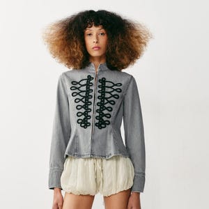 Cotton Peplum Jacket Women | High Neck Long Sleeve Frog Button Blazer | Gray Marl Embroidery Flared Hem Jacket | Hook Eye Closure Jacket