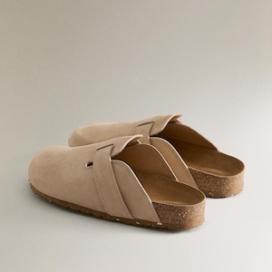 Sandy Brown Leather Strap Clogs Women | Flat Suede Finish Slip On Shoes | Topstitched Leather Clogs | Casual Summer Mule Clogs