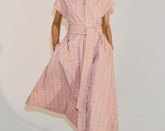 Pink Plaid Midi Dress | V-Neck A-Line Belted Summer Dress
