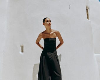 Strapless Wide Leg Midi Jumpsuit Women | Lyocell Linen Pleat Front Jumpsuit | Black Asymmetric Hem Jumpsuit | Bandeau Formal Jumpsuit