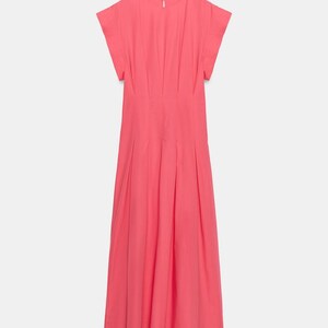 Pleated Poplin Midi Dress Women | Coral Flared Dress | Round Neck Short Sleeve Midi Dress | Back Button Pleat Dress image 9