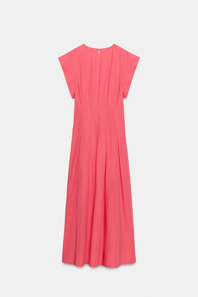 Pleated Poplin Midi Dress Women | Coral Flared Dress | Round Neck Short Sleeve Midi Dress | Back Button Pleat Dress image 9