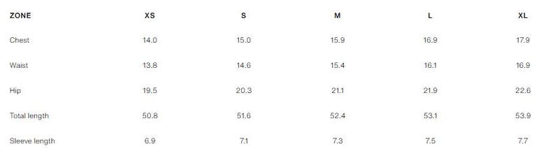 May include: A size chart table with black text on a white background. The columns are labeled XS, S, M, L, and XL. The rows list measurements for Chest, Waist, Hip, Total length, and Sleeve length in inches, ranging from 6.9 to 53.9 inches.