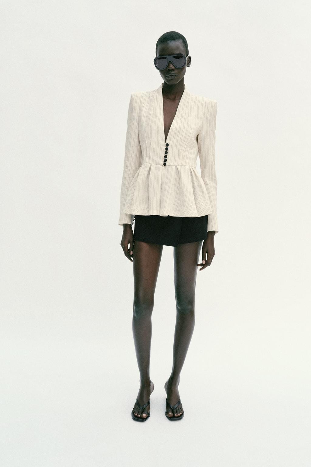 Zara Inspired Striped Peplum Blazer, Women Viscose Blend Blazer, Ecru Brown Collarless Jacket, Elegant Office Blazer