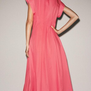 Pleated Poplin Midi Dress Women | Coral Flared Dress | Round Neck Short Sleeve Midi Dress | Back Button Pleat Dress image 7