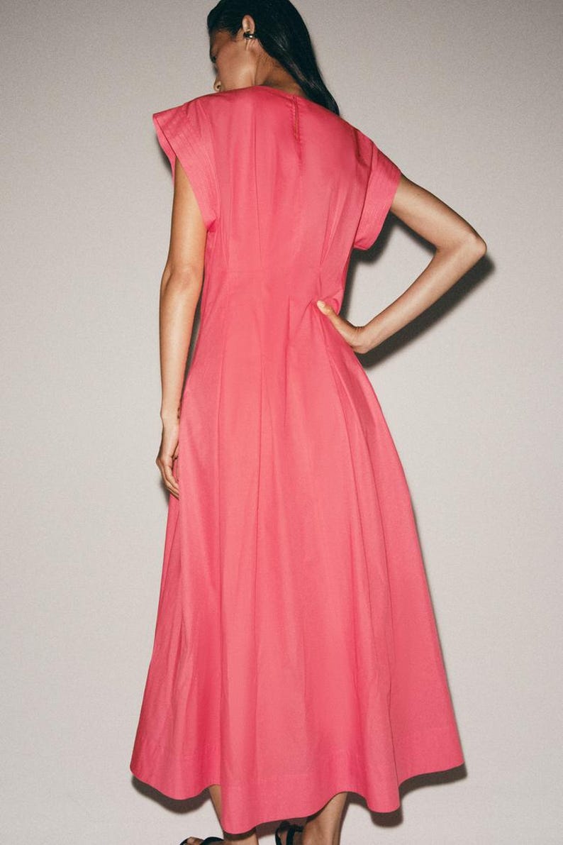 Pleated Poplin Midi Dress Women | Coral Flared Dress | Round Neck Short Sleeve Midi Dress | Back Button Pleat Dress image 7