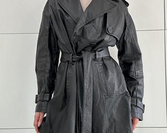 Gabardina de cuero negra para mujer, abrigo largo vintage cruzado estilo años 90, abrigo negro minimalista, regalo de invierno para ella.
