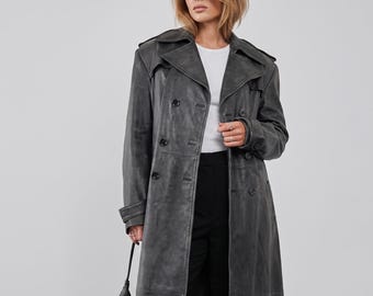 Abrigo largo de piel negra para mujer, cruzado, estilo vintage, minimalista, elegante, de invierno, regalo clásico para ella.