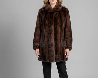 Abrigo de piel de visón marrón oscuro para mujer, largo medio, chaqueta de lujo de piel auténtica, abrigo clásico de invierno, elegante y cálido, estilo vintage, regalo para ella.