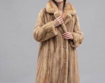 Abrigo de piel de visón beige para mujer, largo hasta el suelo, chaqueta de piel auténtica de lujo, doble botonadura, abrigo de invierno vintage, elegante y cálido, regalo para ella.