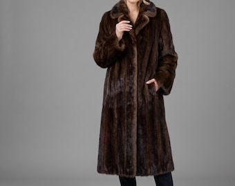 Abrigo largo de piel de visón marrón oscuro para mujer, chaqueta de lujo de piel auténtica, abrigo clásico vintage de invierno, elegante y cálido, regalo para ella.