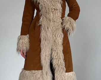 Women’s Brown Penny Lane Afghan Coat | Long Suede Shearling Fur Trim 70s Boho Hippie Toscana Winter Trench | Handmade Gift for Her