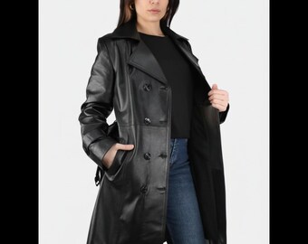Abrigo trench mujer de cuero negro piel de oveja hecho a mano estilo gótico minimalista años 90 invierno