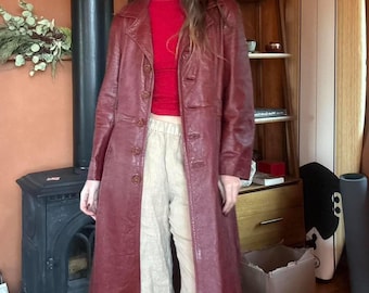 Gabardina de cuero marrón para mujer, abrigo largo vintage de cuero, abrigo marrón de los años 90, chaqueta de cuero auténtico, abrigo minimalista retro, regalo para ella