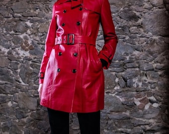 Abrigo trench mujer de cuero rojo doble botonadura con cinturón largo estilo vintage elegante invierno regalo