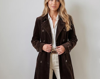 Abrigo trench mujer de cuero marrón piel de oveja hecho a mano largo estilo años 70 gótico Y2K invierno