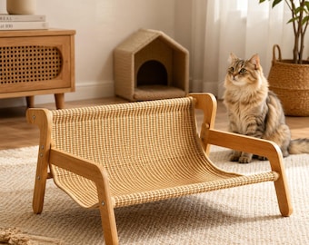 Large Sisal Cat Scratcher Bed, Indoor Cat Hammock Lounge, Wooden Scratch Chair, Sleeping Pad and Modern Pet Sofa for Large Cats at Home