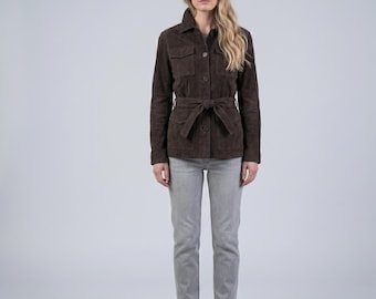 Abrigo trench mujer de cuero marrón piel de oveja hecho a mano largo estilo años 70 gótico Y2K invierno