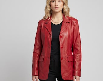 Chaqueta tipo blazer de cuero rojo para mujer, corte ajustado, con botones, estilo clásico, elegante y formal, ideal para la oficina. Regalo perfecto para ella.